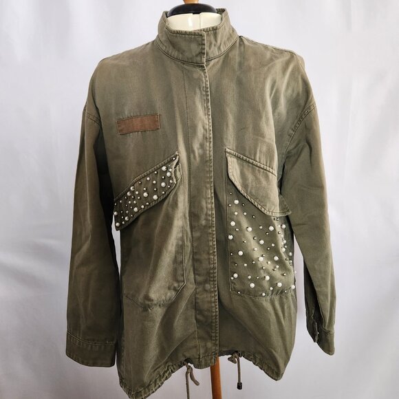 TRF Outerwear Oversized Green Jacket with Pearl and Silver beading - Picture 2 of 7